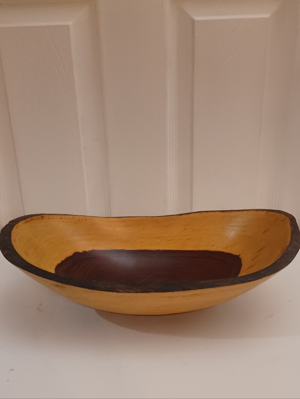 Large 13.5” Hand Carved Two Tone Wood Banana Bowl Live Edge Centerpiece
